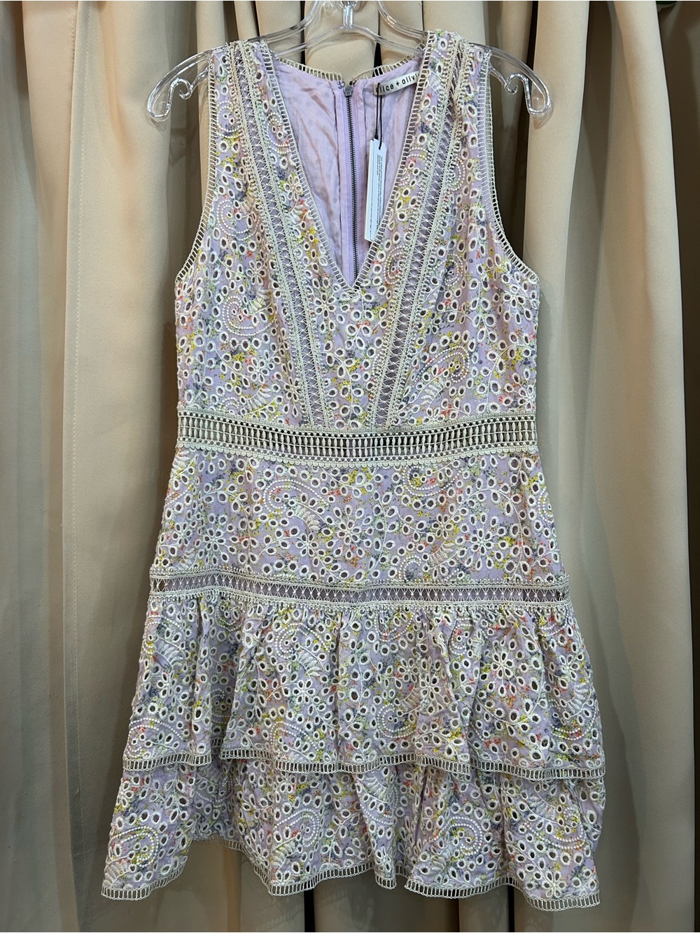 Alice + Olivia Pastel Lilac Eyelet V-Neck Dress